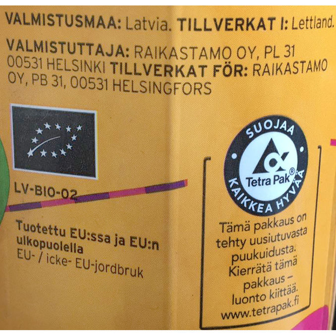 Tuotteen ravintosisältö: Omena-Päärynämehu Luomu