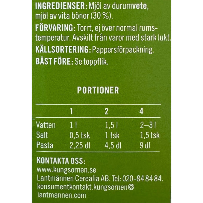 Näringsinnehåll Bönpasta Makaroner