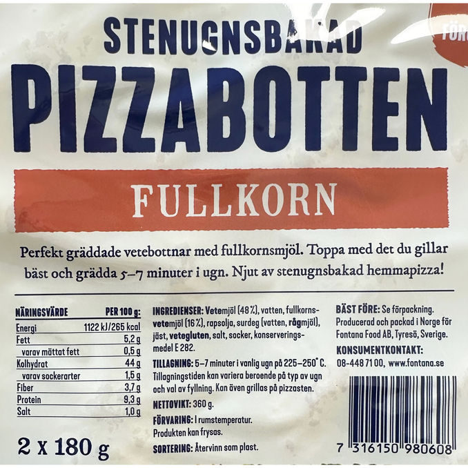 Fontana Pizzabotten Fullkorn 2-pack