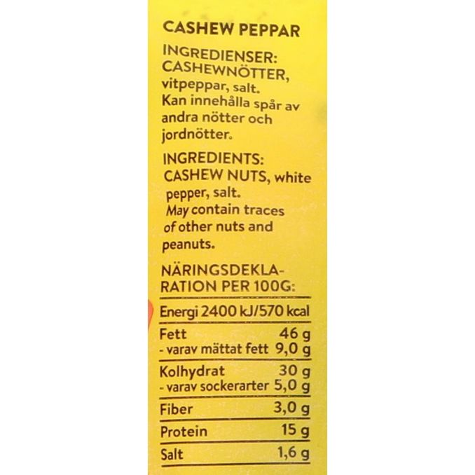 Tuotteen ravintosisältö: Cashewpähkinä Pippuri