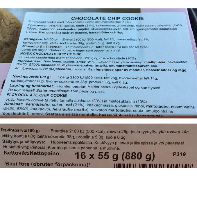 Tuotteen ravintosisältö: Keksit Chocolate Chip 16 kpl