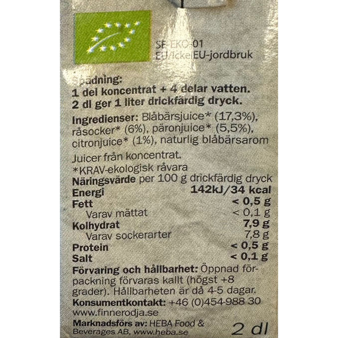 Näringsinnehåll Bärdryck Blåbär Eko