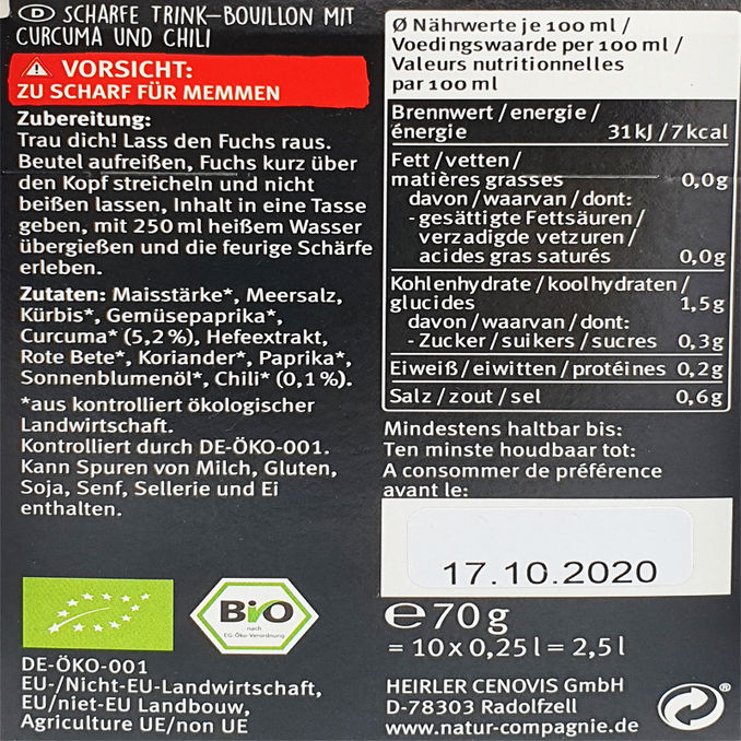 Zutaten & Nährwerte: BIO Drink Bouillon Chili & Kurkuma 