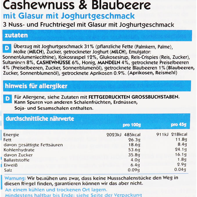 Eat Natural Cashew & Blaubeere Riegel, 3er Pack