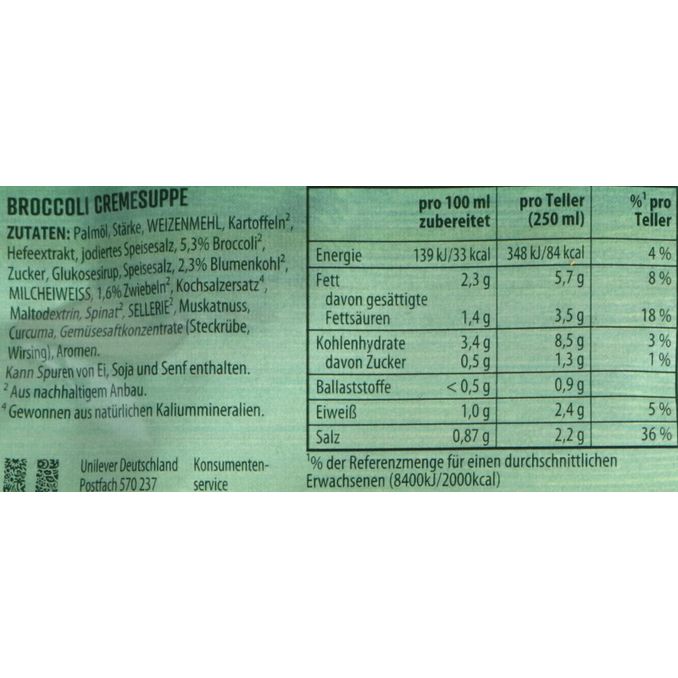 Zutaten & Nährwerte: Feinschmecker Broccoli Cremesuppe