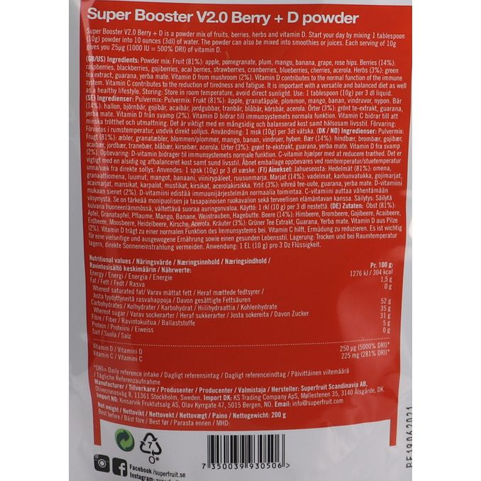 Näringsinnehåll Super Booster V2.0 Berry + D Powder 