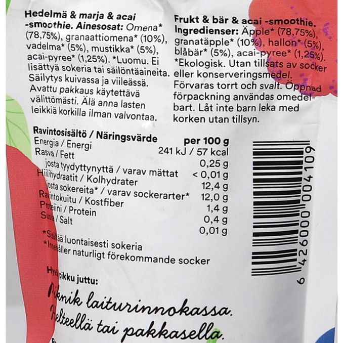 Luomu Smoothie Omena, Granaattiomena, Vadelma, Mustikka & Acai, 120g, Lagom  | Matsmart