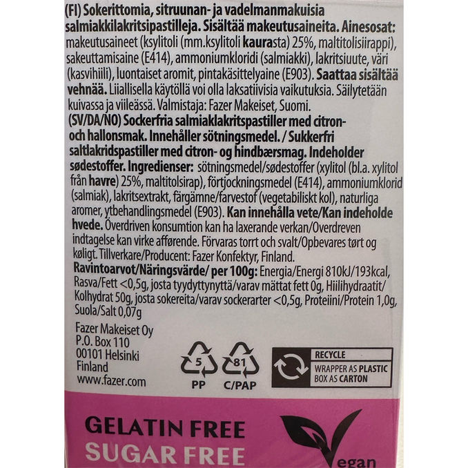 Fazer Salmiakkipastilli Sitruuna & Vadelma