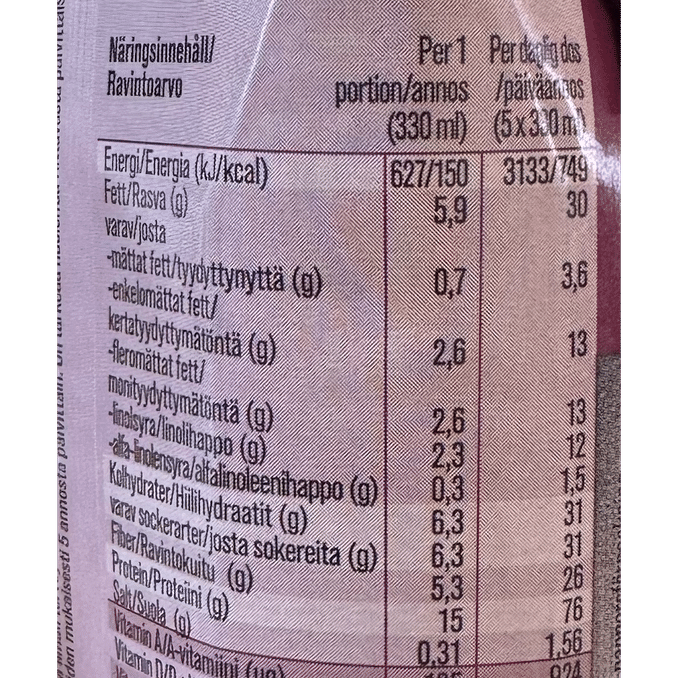 Tuotteen ravintosisältö: Ateriankorvike Vaniljalatte 12-pack