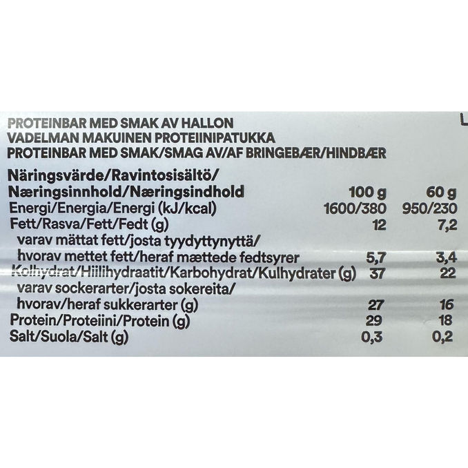 Tuotteen ravintosisältö: Proteiinipatukat Vadelma 15-pack