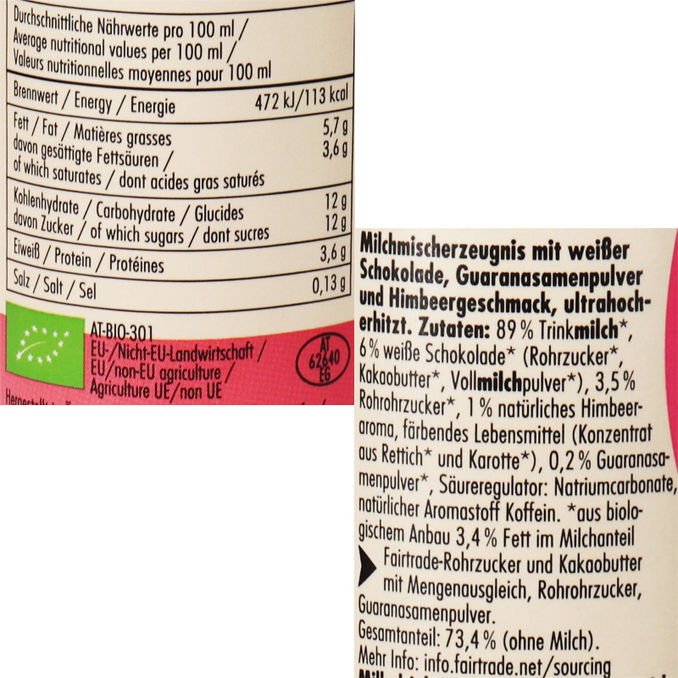 Zutaten & Nährwerte: BIO Schoko-Drink Weiße Schoko & Himbeere, 12er Pack 