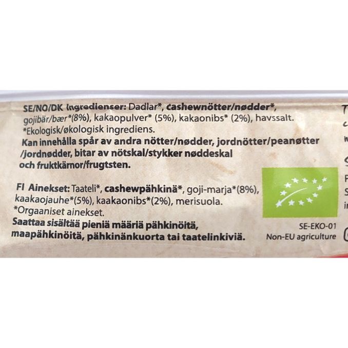 Næringsindhold Øko Rawbar Gojibær & Kakao 12-pak