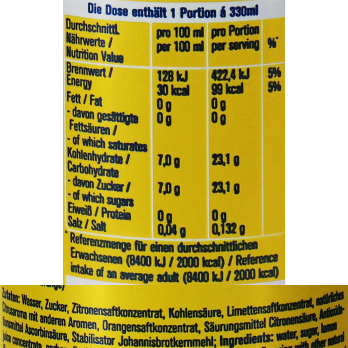 Zutaten & Nährwerte: Sunkist Lemon-Lime, 12er Pack (EINWEG) zzgl. Pfand