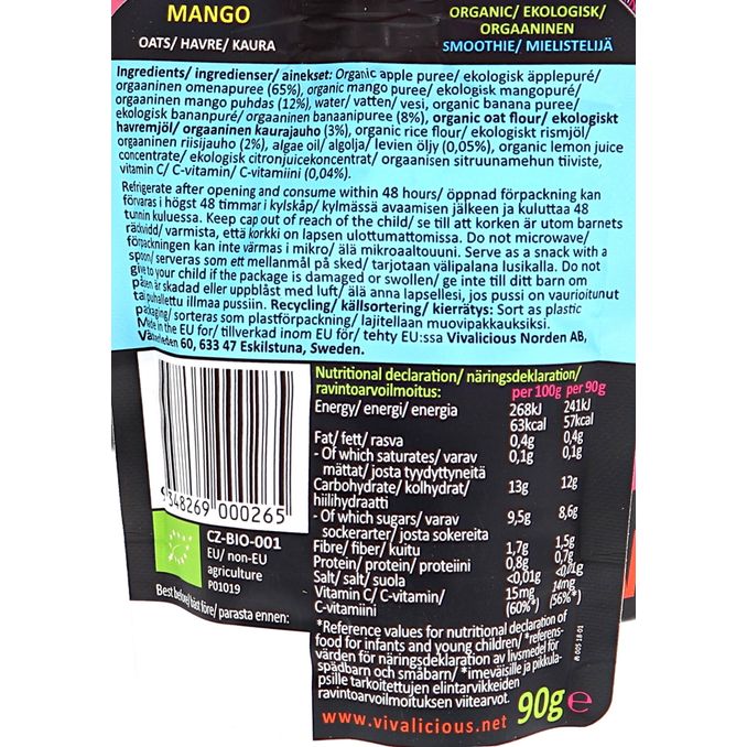 Tuotteen ravintosisältö: Hedelmäsose Mango Luomu 6-pack