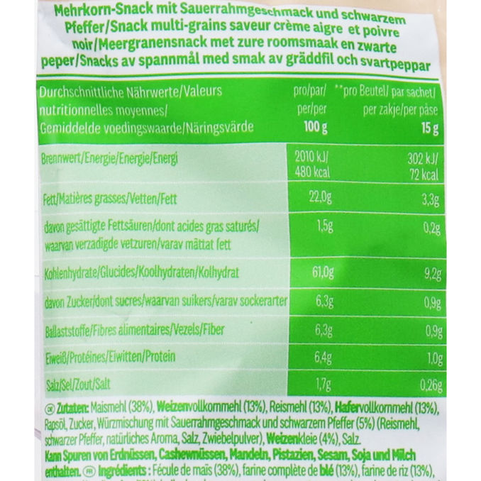 Zutaten & Nährwerte: Mehrkorn-Snack Sauerrahm &  Schwarzer Pfeffer