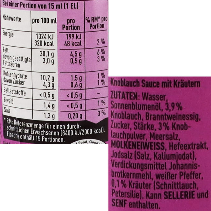 Zutaten & Nährwerte: Knoblauch Sauce mit Kräutern