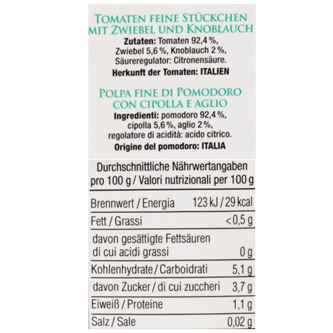 Zutaten & Nährwerte: Tomaten Feine Stückchen Zwiebel & Knoblauch