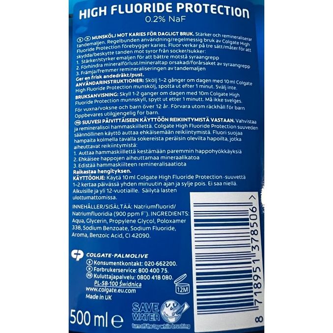 Tuotteen ravintosisältö: Suuvesi High Fluoride Protection