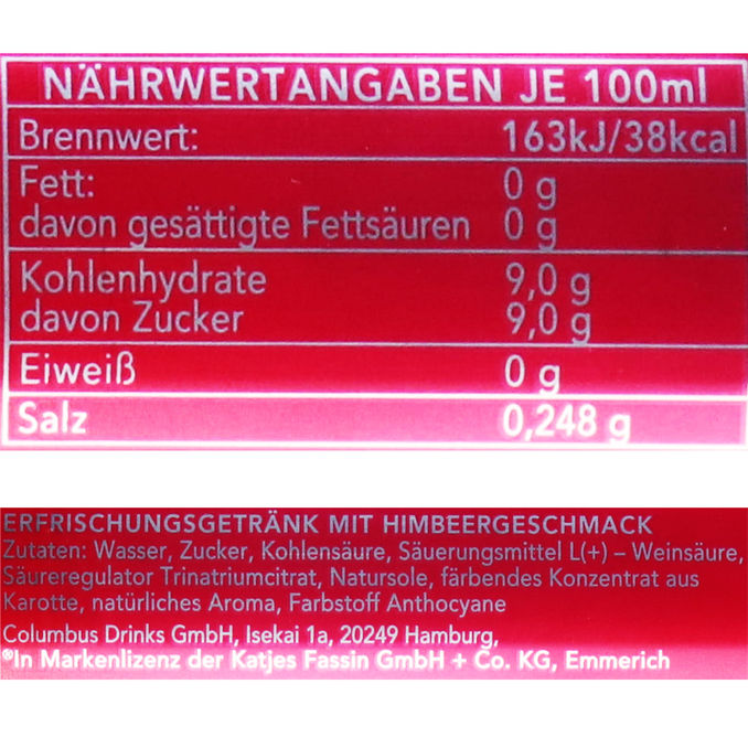 Zutaten & Nährwerte: Ahoj-Brause Himbeer, 12er Pack (EINWEG) zzgl. Pfand