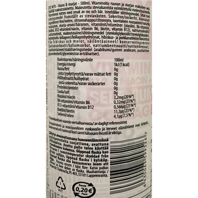 Tuotteen ravintosisältö: Vitamiinijuoma Rose & Berries 12-pack