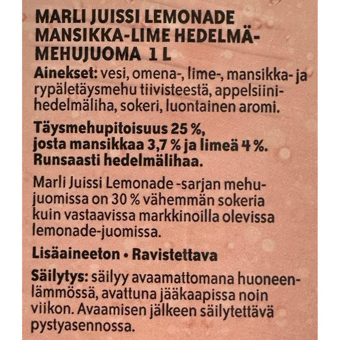 Tuotteen ravintosisältö:  Lemonade Mansikka-Lime Mehujuoma