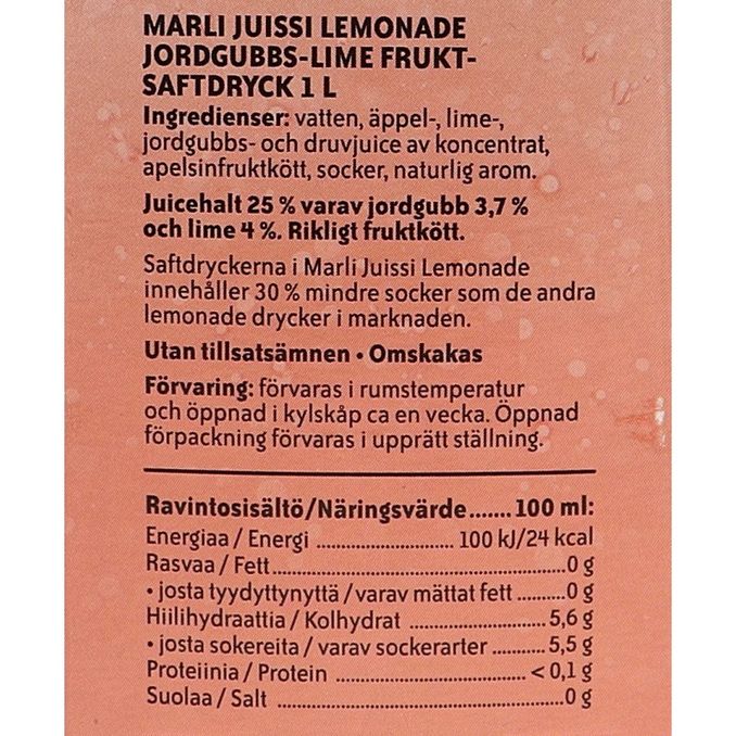 Tuotteen ravintosisältö:  Lemonade Mansikka-Lime Mehujuoma