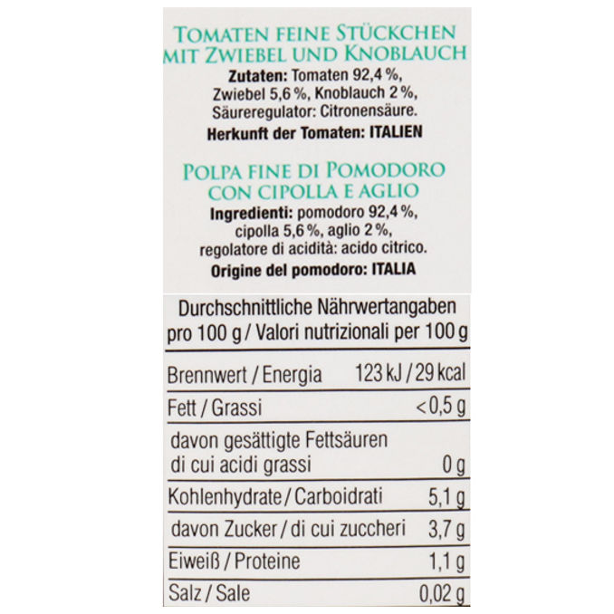 Zutaten & Nährwerte: Tomaten Feine Stückchen Zwiebeln & Knoblauch, 12er Pack