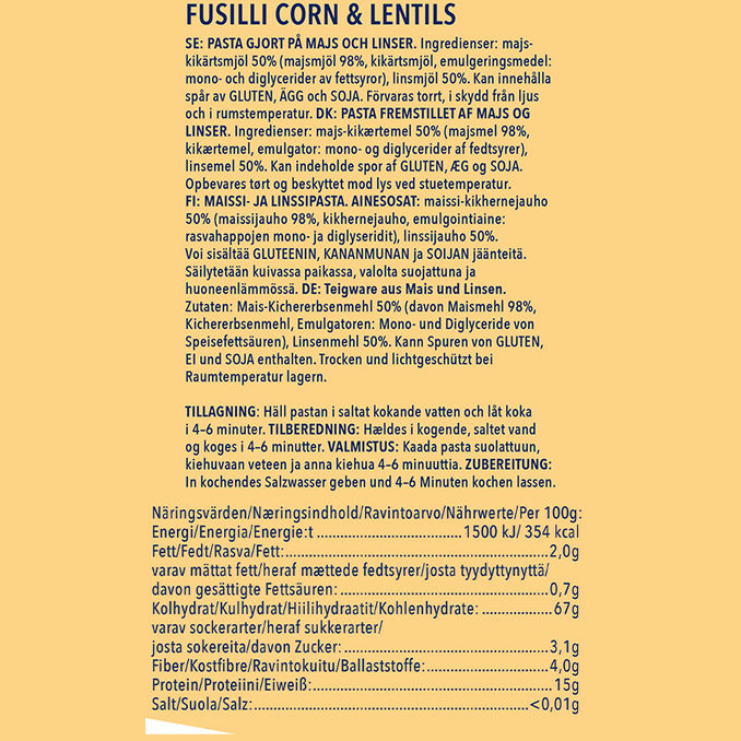 Näringsinnehåll Fusilli - Majs & Röda linser 4-pack