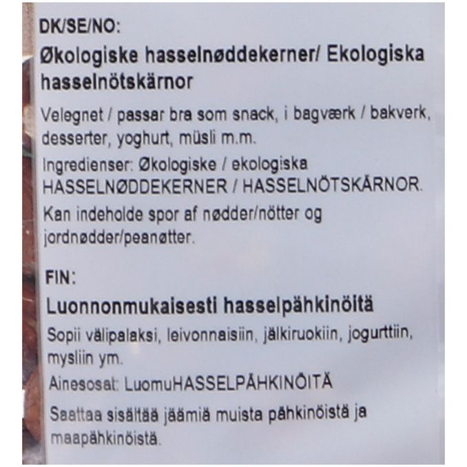 Tuotteen ravintosisältö: Hasselpähkinä Luomu