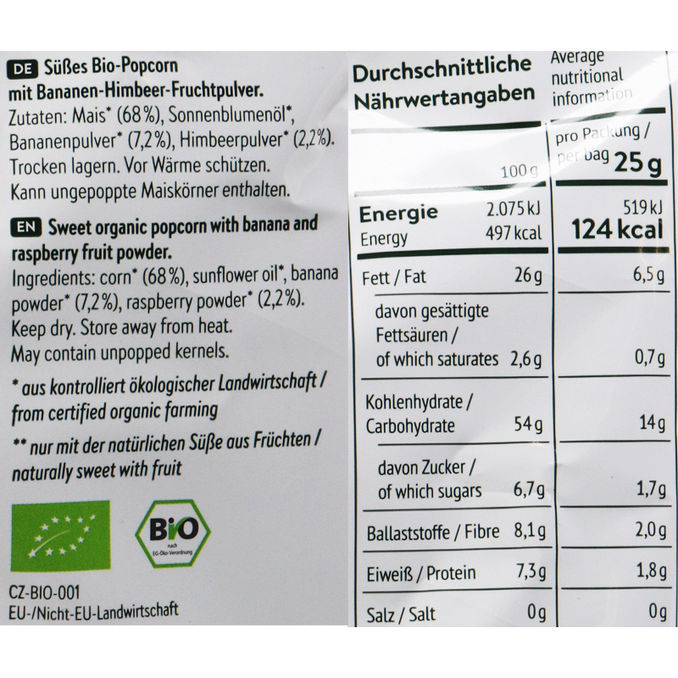 Zutaten & Nährwerte: BIO Popcorn Banane & Himbeer, 8er Pack