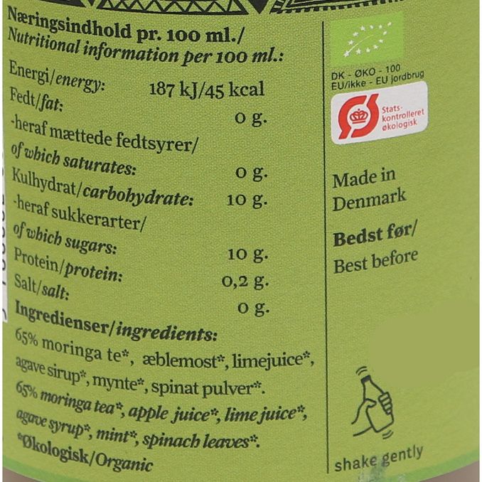 Næringsindhold 6-pak Øko NUMBA Juice Moringa