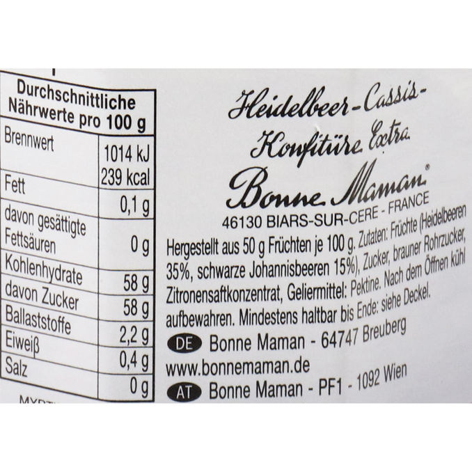 Zutaten & Nährwerte: Heidelbeer-Cassis-Konfitüre Extra