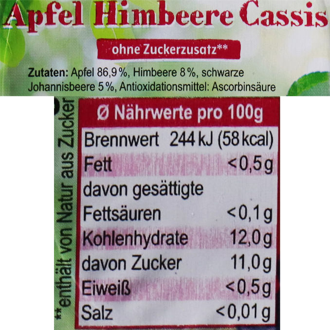 Zutaten & Nährwerte: Fruchtdessert Apfel, Himbeere & Cassis, 48er Pack