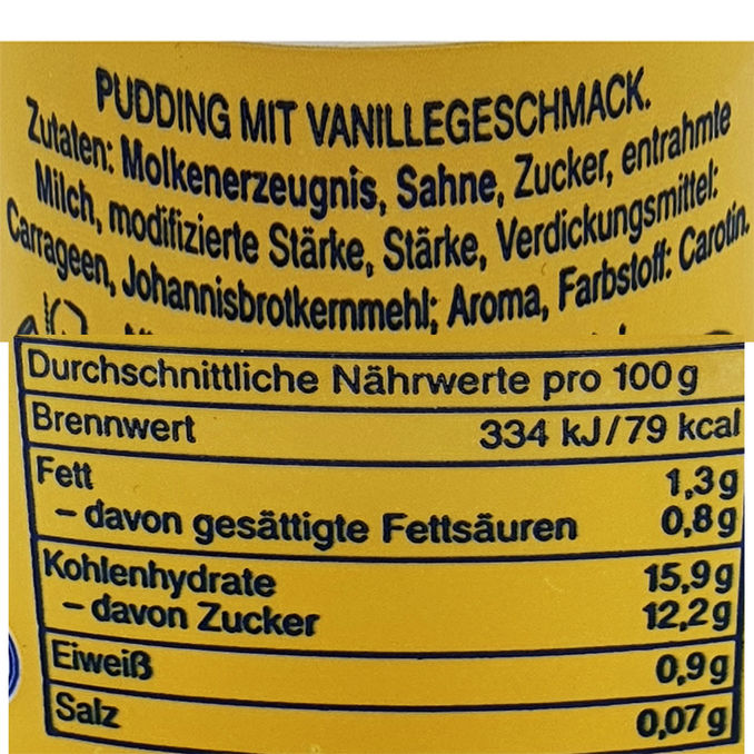 Zutaten & Nährwerte: Vanillepudding 1,3%, 24er Pack