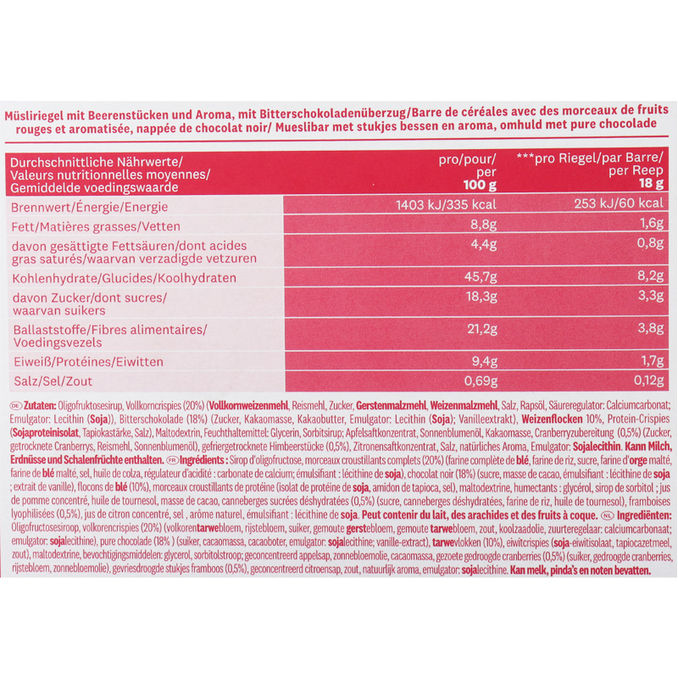 Zutaten & Nährwerte: Müsliriegel mit Zartbitter-Schokolade und Beeren