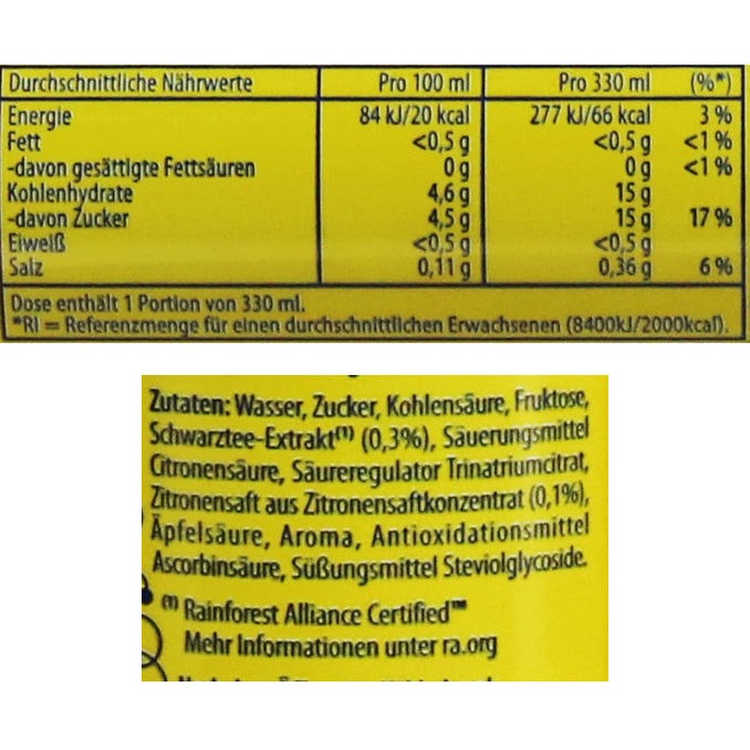 Zutaten & Nährwerte: Sparkling Eistee Zitrone, 24er Pack (EINWEG) zzgl. Pfand