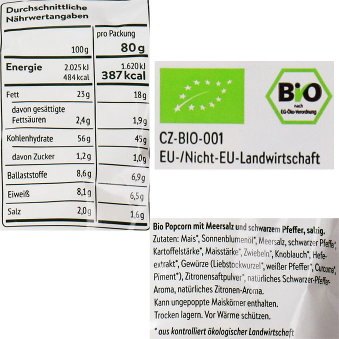 Zutaten & Nährwerte: BIO Popcorn Meersalz & Schwarzer Pfeffer, 6er Pack