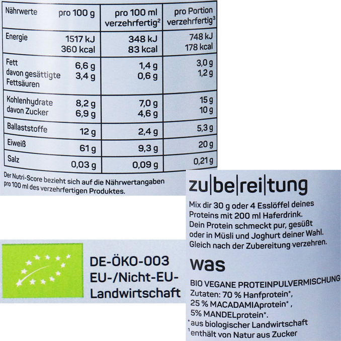 BIO Veganes Protein pur, ungesüßt, 300g von Naduria | Motatos