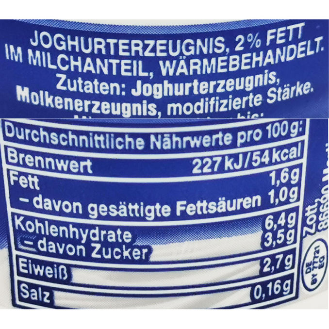 Zutaten & Nährwerte: Joghurt Dessert Classic 2%, 20er Pack