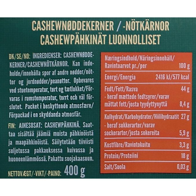 Tuotteen ravintosisältö: Cashewpähkinät