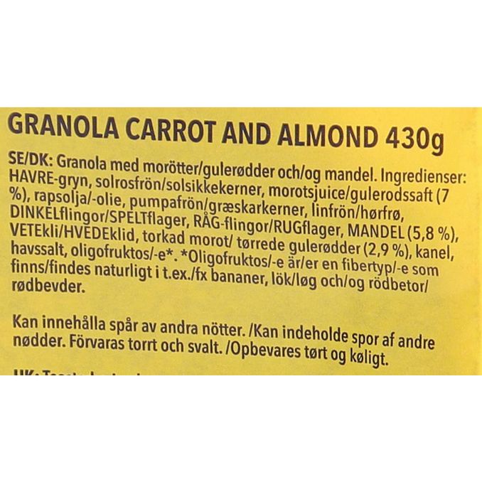 Tuotteen ravintosisältö: Porkkana-Manteli Granola