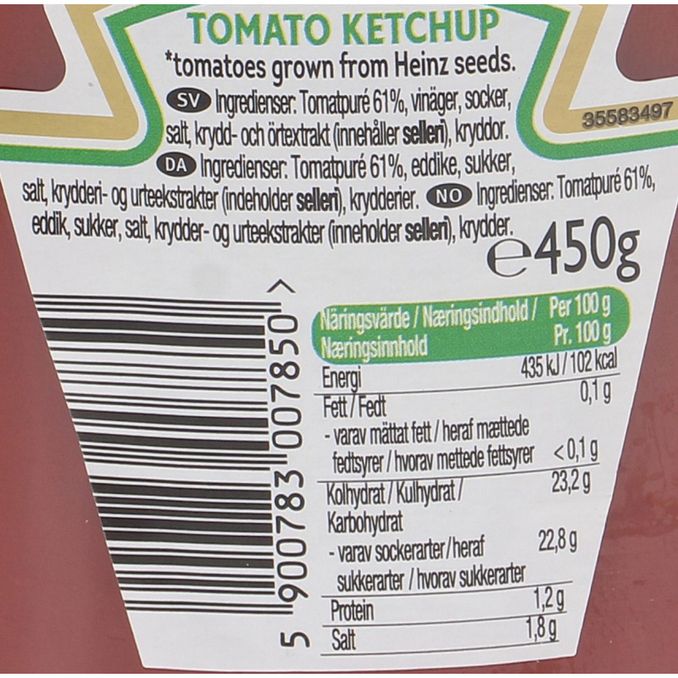 Næringsindhold Heinz ketchup 450g