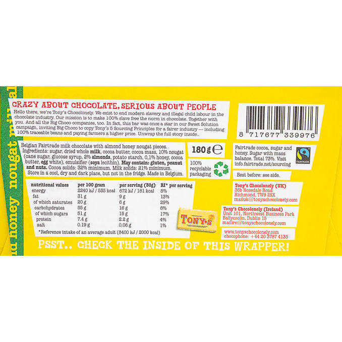 Tony's Chocolonely Ethical Chocolate Bars Milk Almond Nougat 180g, 180G
