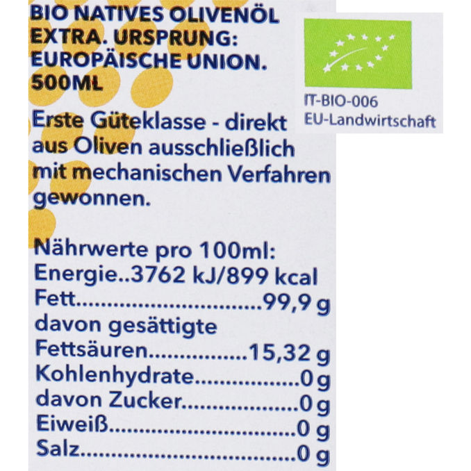 Zutaten & Nährwerte: BIO Natives Olivenöl extra