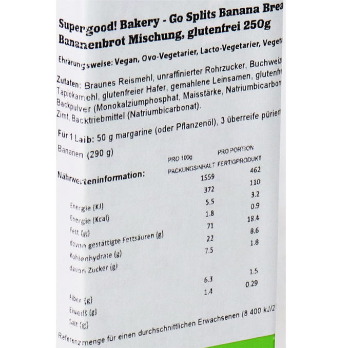 Zutaten & Nährwerte: Vegane Backmischung Bananenbrot