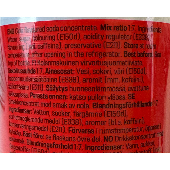 Tuotteen ravintosisältö: Virvoitusjuomatiiviste Cola