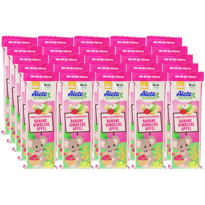 Alete BIO Frucht-Getreideriegel Banane-Himbeere-Apfel, 25er Pack
