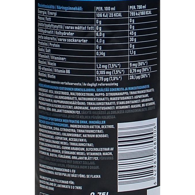 Tuotteen ravintosisältö: Isotonic Tropical Blue Urheilujuoma 6-pack