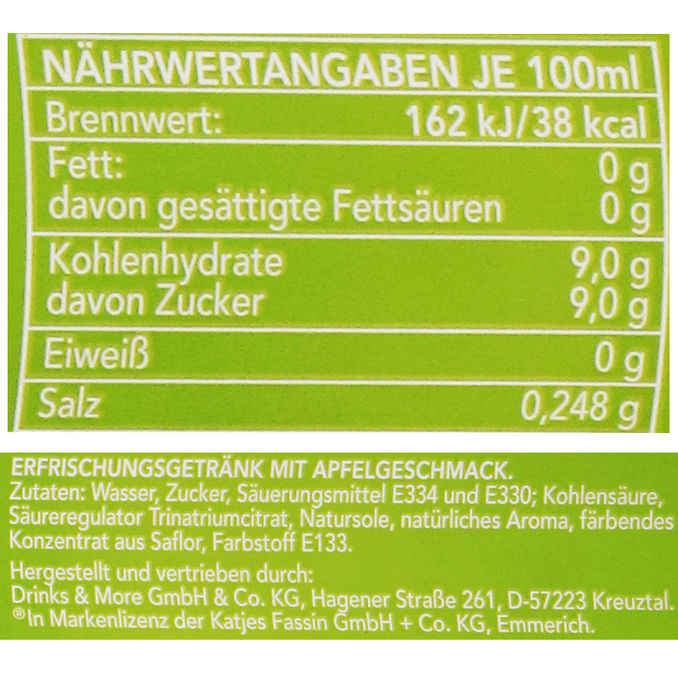 Zutaten & Nährwerte: Ahoj-Brause Saurer Apfel, 12er Pack (EINWEG) zzgl. Pfand