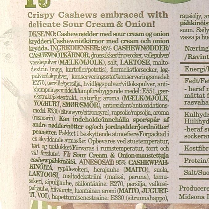 Tuotteen ravintosisältö: Cashewpähkinät Sourcream & Onion